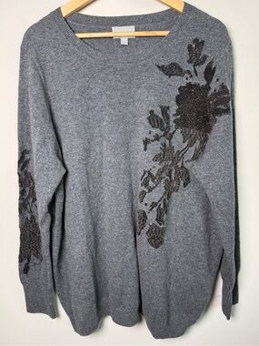 Pure Collection Cashmere Metallic Rose Sweater Grey Crewneck Sz 18